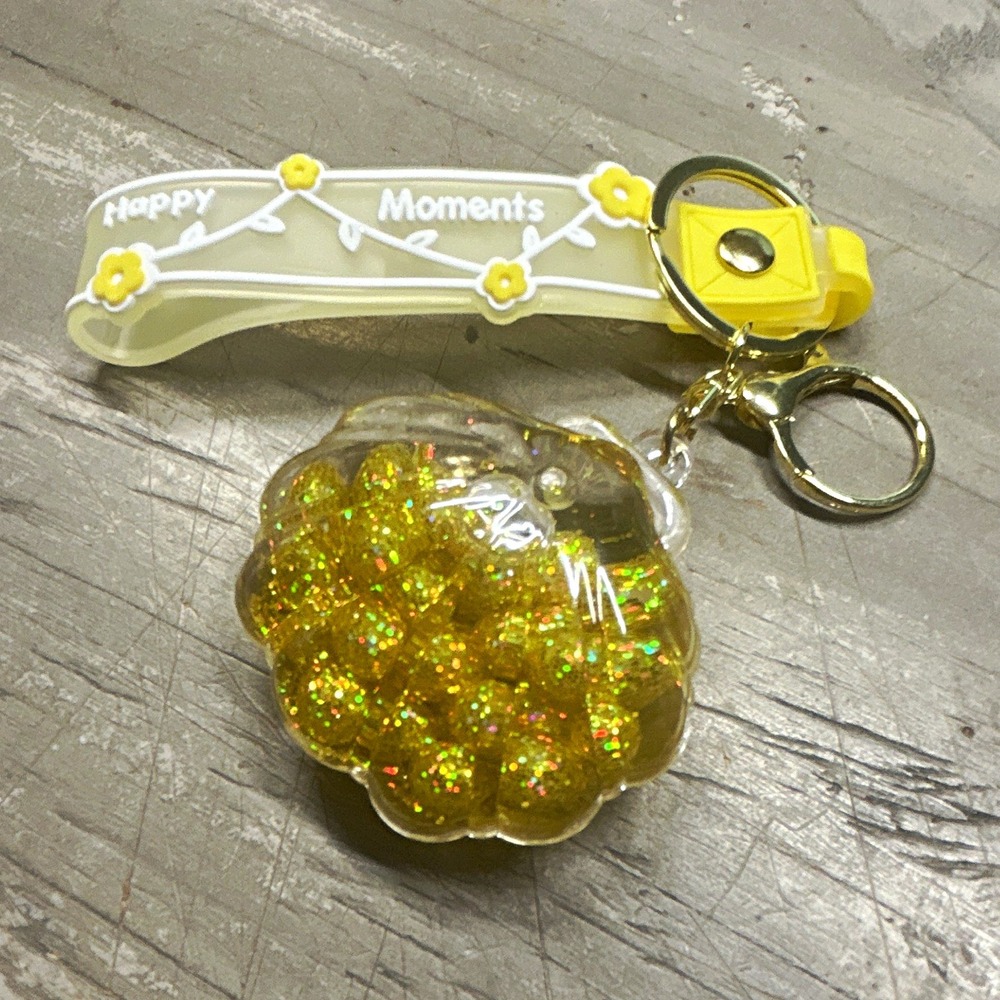 Happy Moments Floral Plastic Keychain, Detachable Keyring, Yellow/Clear Glitter